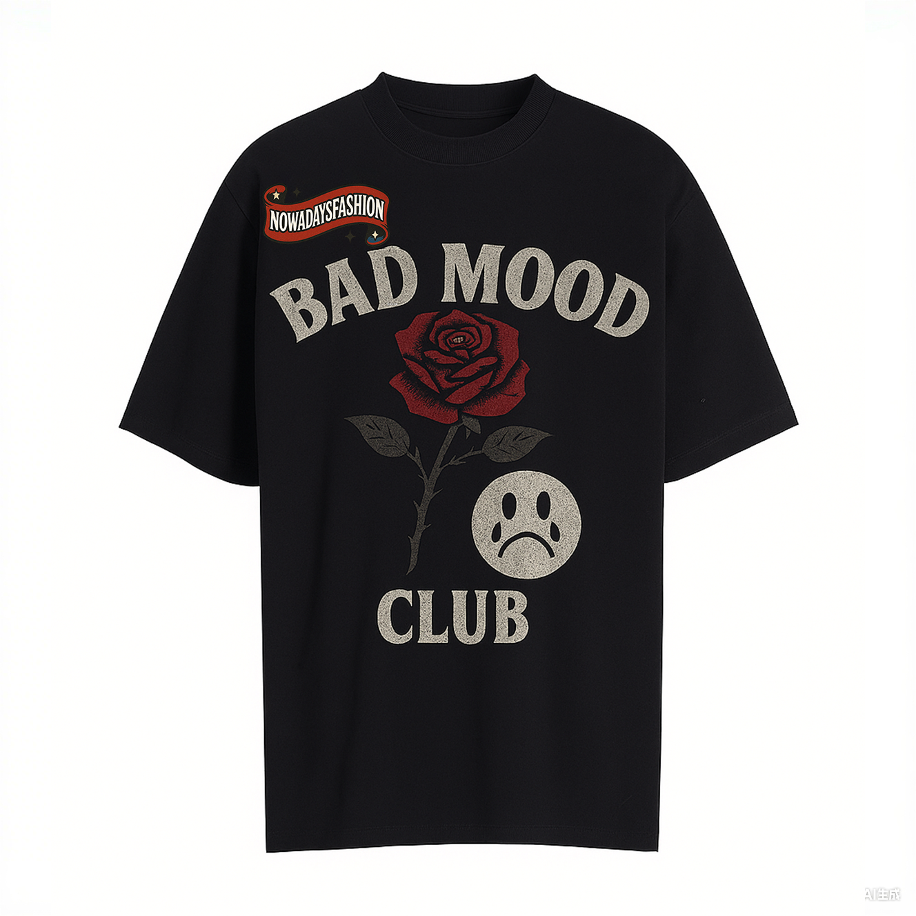 Unisex BAD MOOD CLUB Graphic T-Shirt – Sad Face & Rose Dark Streetwear Tee
