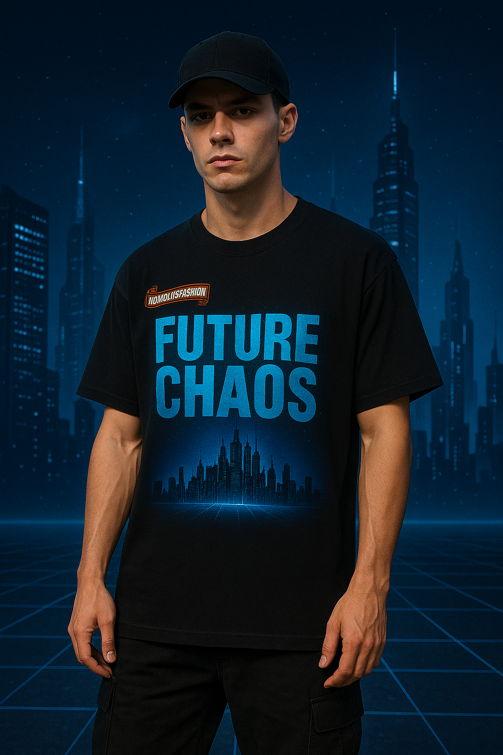 Men's Cyberpunk Graphic T-Shirt – FUTURE CHAOS Neon City Print Black Tee