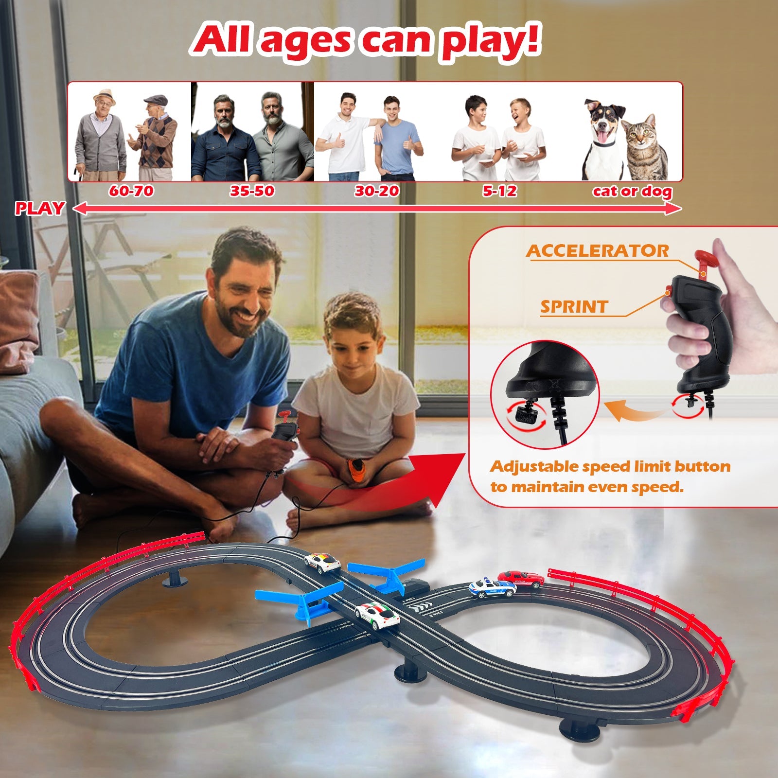 MR-01 Slot Car Racing Set – 4 Cars Deluxe Electric Race Track with Lights for 2 Players