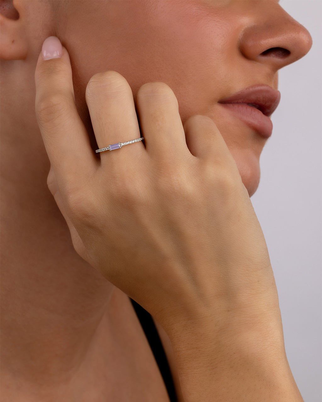 Sterling Silver Thin Moonstone CZ Stacking Birthstone Ring